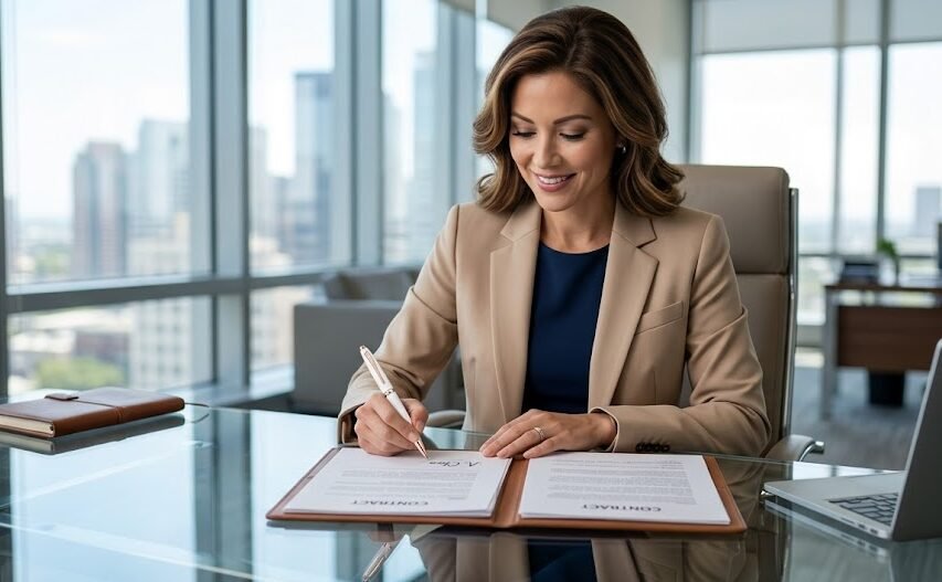 Uma executiva elegante, vestindo um blazer em tons claros, assinando um contrato importante em um escritório de vidro usando a sofisticada caneta Montblanc branca feminina.