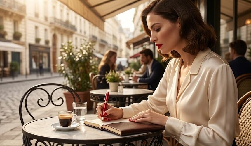 Uma mulher linda e sofisticada, com lábios vermelhos clássicos, fazendo anotações em um café parisiense elegante utilizando a icônica caneta Montblanc Feminina edição Marilyn Monroe.