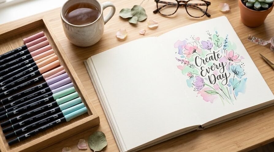 Canetas Brush Pen Uma mesa de arte bem organizada com um estojo de canetas brush Pen Tombow abertas ao lado de um sketchbook exibindo uma bela ilustração em aquarela.