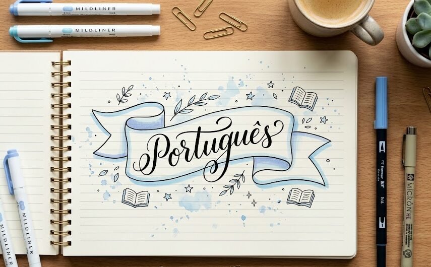 Capa de Caderno de Português Lettering Lettering da palavra Português escrito dentro de um desenho de banner de fita em um caderno escolar.