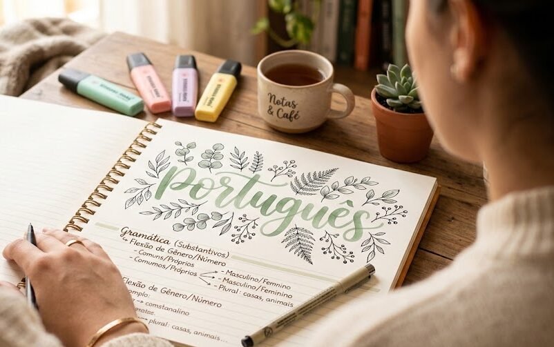 Capa de Caderno de Português Lettering Capa de caderno de português decorada com lettering verde e ilustrações de folhas e ramos botânicos.