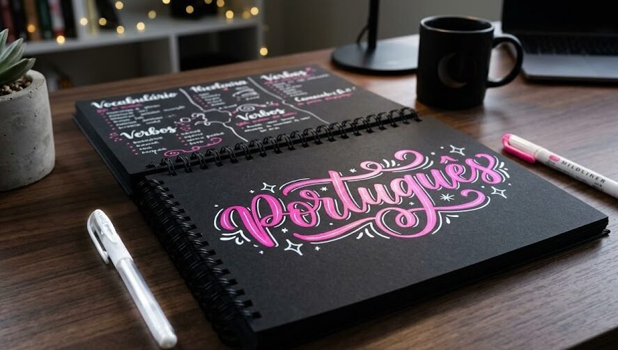 Capa de caderno com folhas pretas e lettering da palavra português feito com caneta em gel branca e neon.