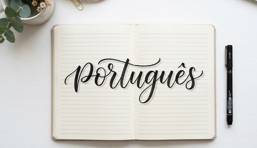 Capa de Caderno de Português Lettering Capa de caderno de português com lettering preto minimalista e sombra cinza em fundo branco.