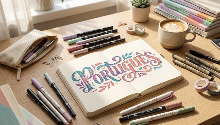 Uma mesa de estudos incrivelmente organizada com um caderno aberto exibindo uma linda capa de português feita em lettering, cercada por canetas coloridas e material escolar.
