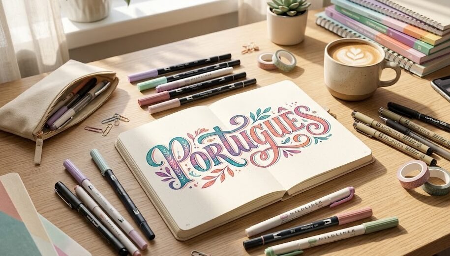 Uma mesa de estudos incrivelmente organizada com um caderno aberto exibindo uma linda capa de português feita em lettering, cercada por canetas coloridas e material escolar.