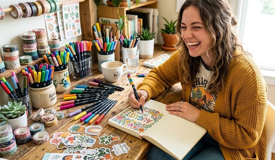 Mulher rindo alegremente enquanto desenha e decora a capa mensal de seu bullet journal em uma mesa cheia de materiais de arte.