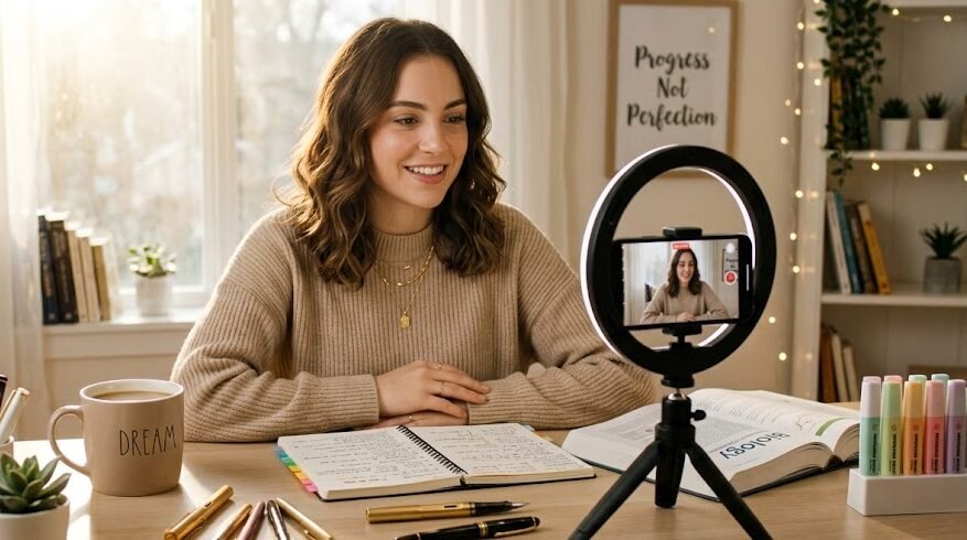 ma jovem studygrammer gravando um vídeo tutorial na sua mesa com um Ring Light, mostrando seus materiais de estudo e livros favoritos.