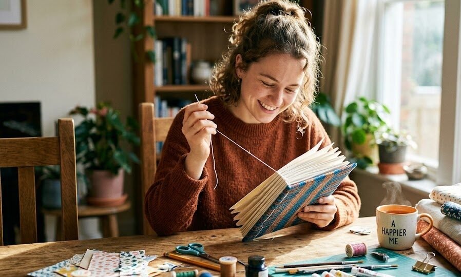 Artista segurando orgulhosamente o seu sketchbook recém-feito à mão, mostrando uma capa decorada com estilo vintage e recortes.
