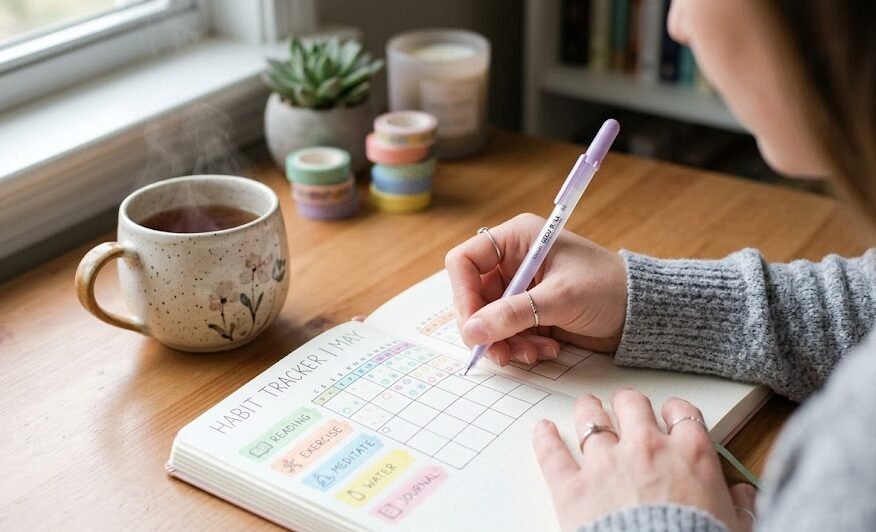Ideias para Bullet Journal: Foco nas mãos de uma pessoa preenchendo calmamente um rastreador de hábitos colorido em um bullet journal.