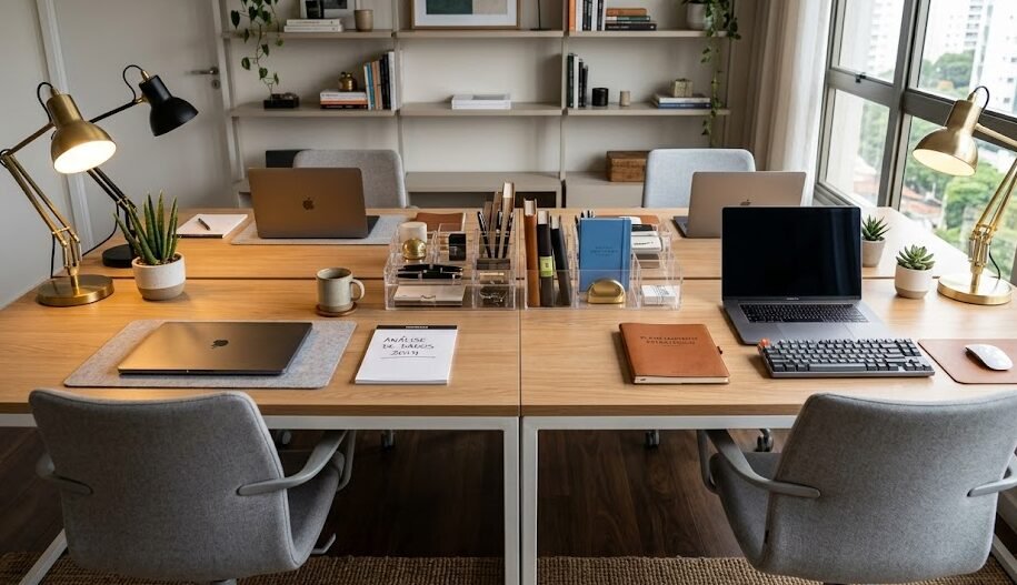 Uma mesa de estudo para duas pessoas longa e organizada, com duas cadeiras ergonômicas modernas e organizadores de acrílico dividindo os espaços.