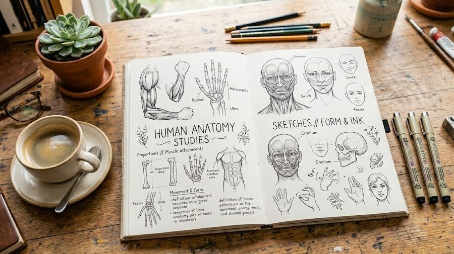O Que É um Sketchbook: Um sketchbook aberto sobre uma mesa de madeira, exibindo estudos de anatomia e anotações criativas feitas com caneta fina.