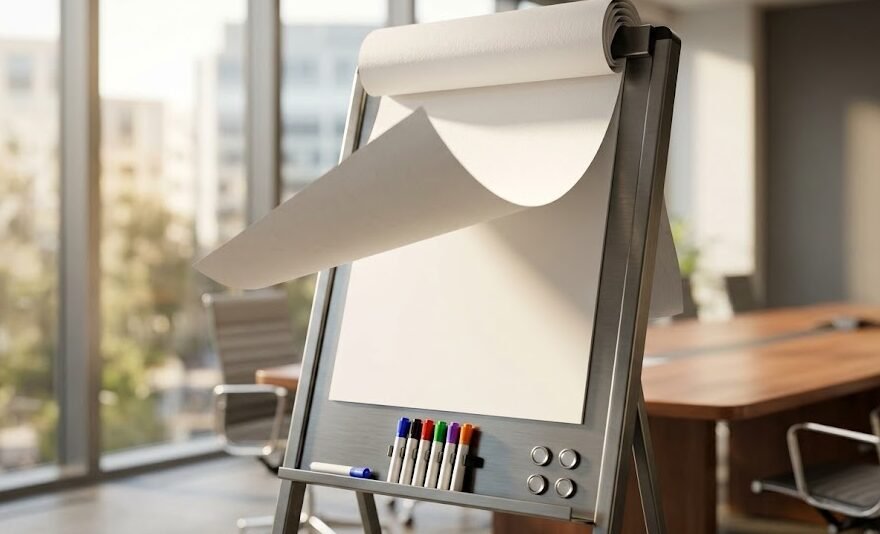 Uma folha de flipchart sendo virada por cima do cavalete para revelar uma página em branco, com marcadores coloridos e ímãs descansando na bandeja inferior.