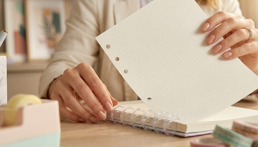 Foco nas mãos de uma mulher com unhas feitas, retirando suavemente uma folha pontilhada dos discos de um caderno inteligente pequeno.
