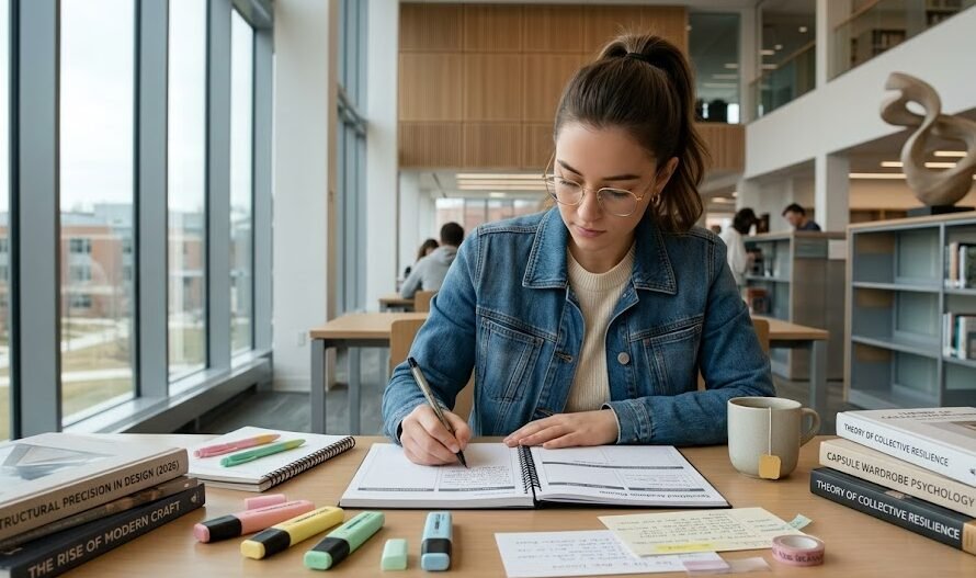 Uma estudante concentrada em uma biblioteca clara, preenchendo seu planner de estudos e revisando cronogramas com marca-textos pastéis.