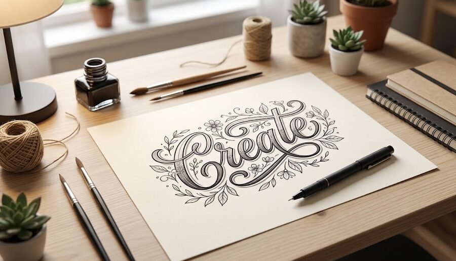 Uma composição de lettering completa com a palavra "Criatividade" sendo finalizada com detalhes e sombras usando uma caneta fineliner.