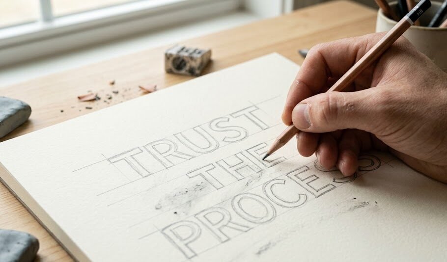 Frases para Lettering: Uma arte finalizada de caligrafia emoldurada em uma prateleira, mostrando o contraste perfeito entre letras cursivas coloridas e letras de forma finas e retas.