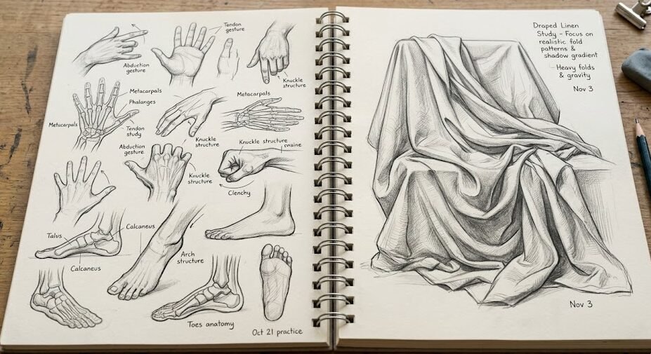 ideias de desenhos para sketchbook Caderno de desenho aberto com estudos práticos de mãos e pés em vários ângulos e rascunhos de dobras de tecidos e roupas.