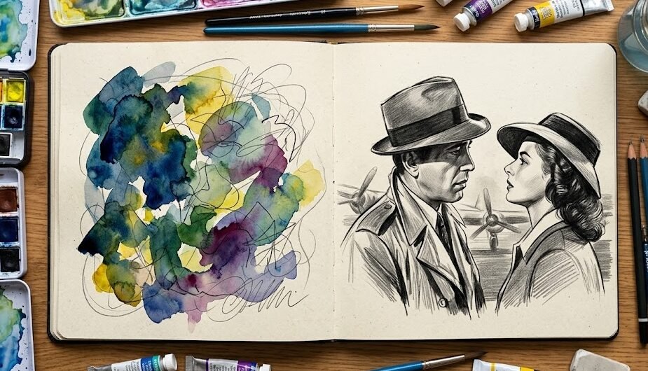 ideias de desenhos para sketchbook Caderno aberto exibindo formas abstratas e manchas de tinta na página esquerda e a recriação a lápis de uma cena de filme na direita.