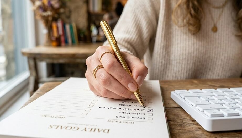 O Que É Um Planner: Visão detalhada de um planner de mesa funcional aberto ao lado de um teclado branco e um mouse, com uma mulher usando um checklist de tarefas.