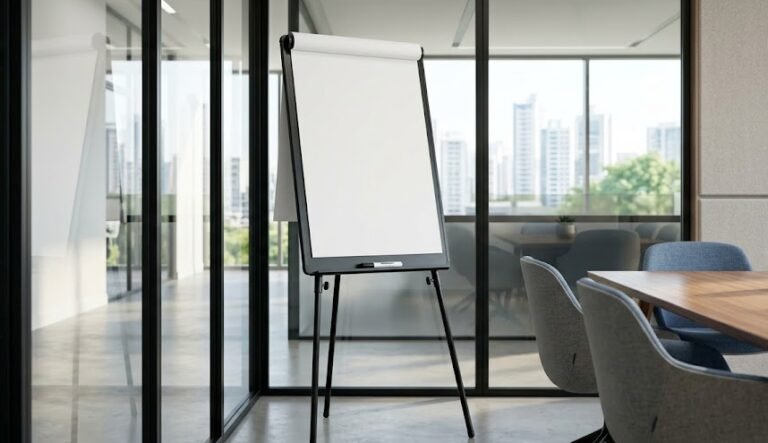 Um flipchart moderno montado em um cavalete de tripé com um bloco de folhas em branco, posicionado em uma sala de reuniões corporativa bem iluminada.