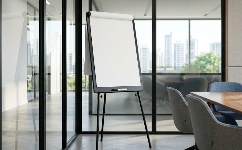 Um flipchart moderno montado em um cavalete de tripé com um bloco de folhas em branco, posicionado em uma sala de reuniões corporativa bem iluminada.