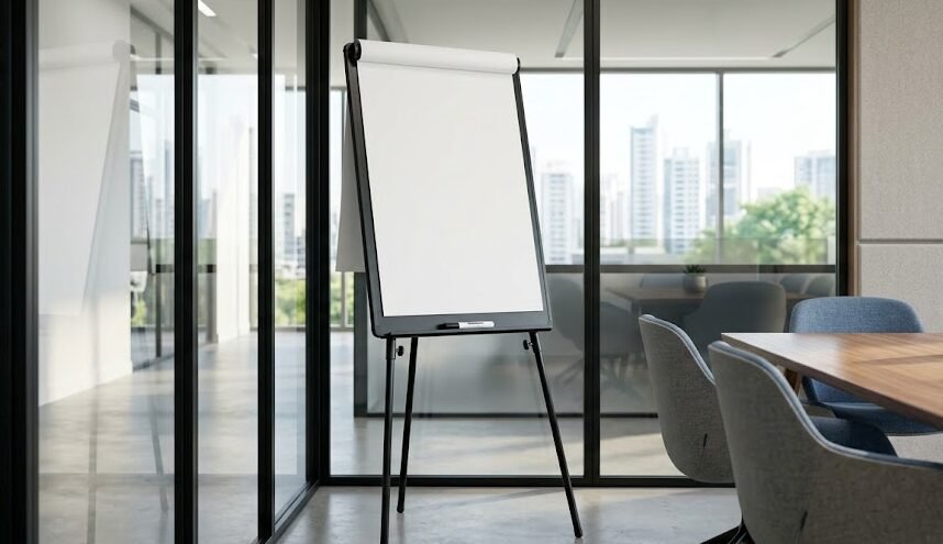 Um flipchart moderno montado em um cavalete de tripé com um bloco de folhas em branco, posicionado em uma sala de reuniões corporativa bem iluminada.