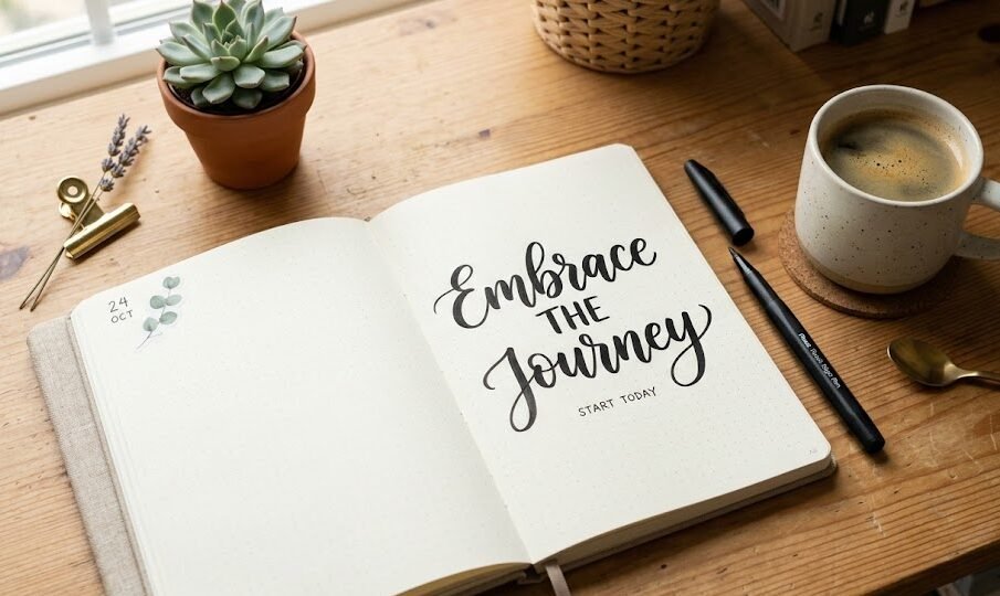 Vista superior de um caderno pontilhado aberto em uma mesa de madeira com uma frase curta e inspiradora escrita com técnicas de lettering impecáveis.