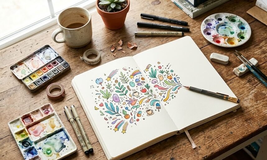 ista superior de uma mesa de artista com um sketchbook aberto no centro, cercado por materiais de arte, com vários rascunhos criativos saindo do papel.