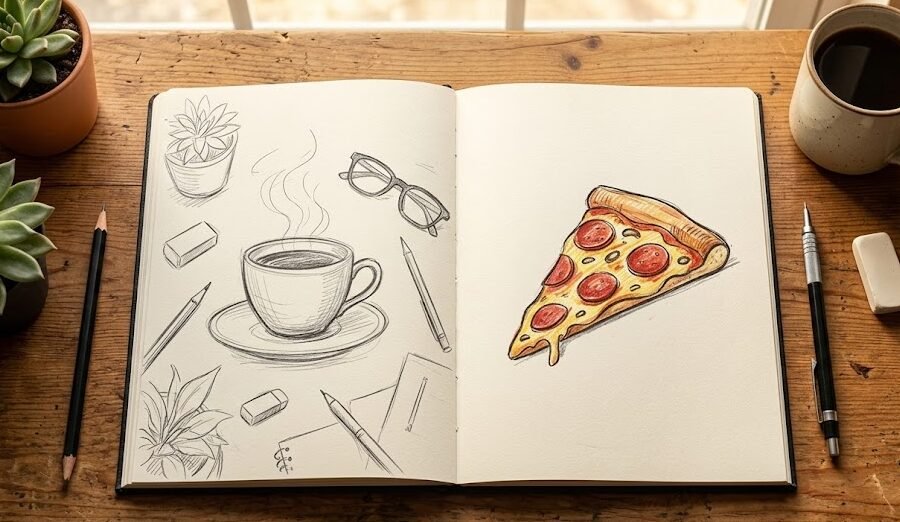 ideias de desenhos para sketchbook ideias de desenhos para sketchbook: Caderno de desenho aberto mostrando um rascunho de uma xícara de café na página esquerda e uma ilustração de uma fatia de pizza na direita.