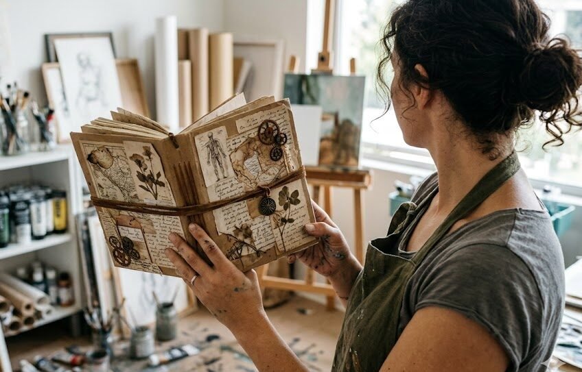 como fazer sketchbook caseiro como fazer sketchbook caseiro: Artista segurando orgulhosamente o seu sketchbook recém-feito à mão, mostrando uma capa decorada com estilo vintage e recortes.