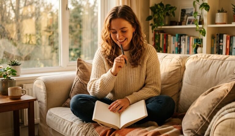 Pessoa jovem e sorridente no sofá, segurando um caderno pontilhado aberto e uma caneta, com olhar pensativo e inspirado.