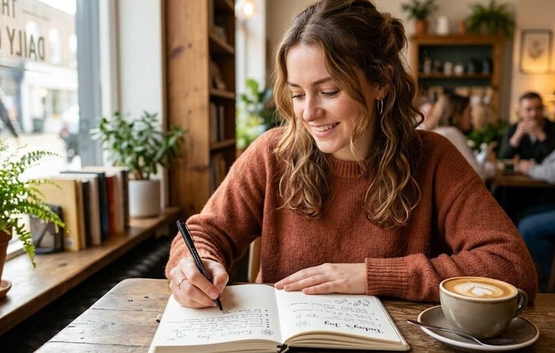 Mulher jovem e sorridente escrevendo de forma relaxada em um caderno aberto com folhas pontilhadas sobre uma mesa de café iluminada.