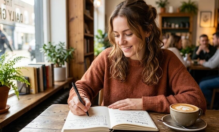 Mulher jovem e sorridente escrevendo de forma relaxada em um caderno aberto com folhas pontilhadas sobre uma mesa de café iluminada.