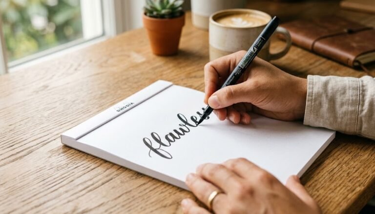 Foco nas mãos de uma pessoa praticando caligrafia suavemente com uma brush pen sobre um bloco de papel extremamente liso em uma mesa iluminada.
