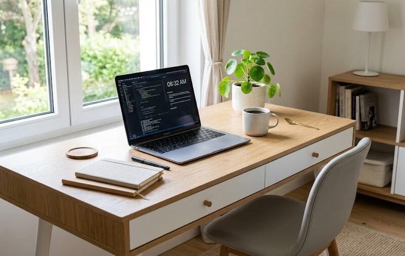 Uma mesa de estudos simples, em madeira clara e branca, com gavetas laterais, um notebook aberto e uma planta decorativa em um quarto bem iluminado.