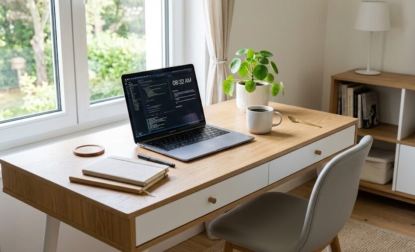 Uma mesa de estudos simples, em madeira clara e branca, com gavetas laterais, um notebook aberto e uma planta decorativa em um quarto bem iluminado.