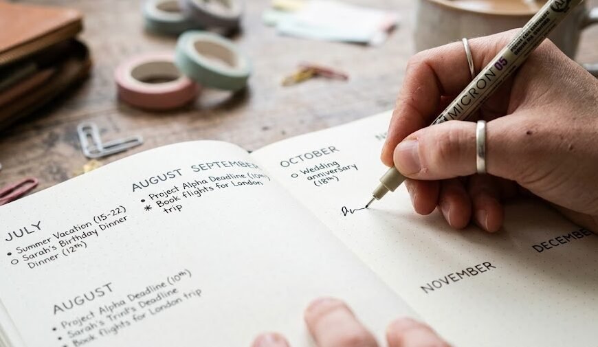 O Que É Bullet Journal: Foto aproximada de uma pessoa escrevendo um registro futuro em um bullet journal, destacando a organização das tarefas em tópicos.