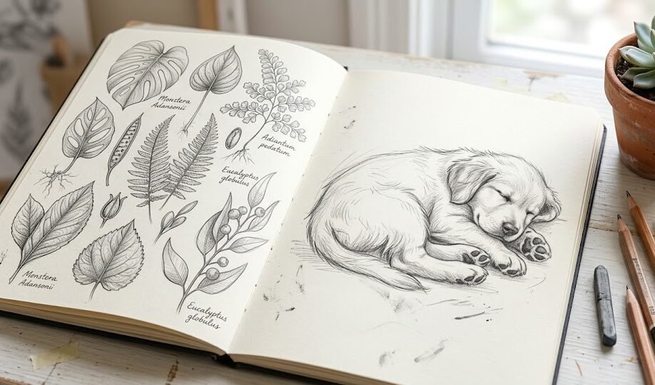 ideias de desenhos para sketchbook Caderno de esboço aberto com desenhos detalhados de folhas botânicas de um lado e um rascunho de um cachorro dormindo do outro.