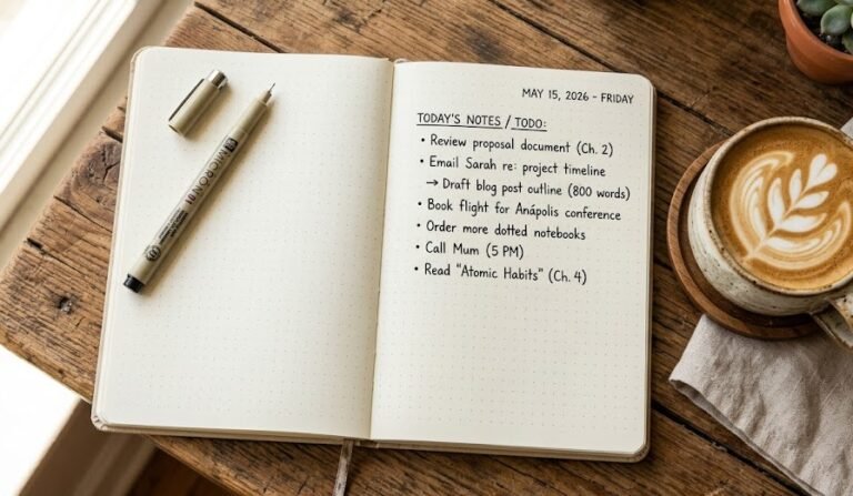 Caderno de páginas pontilhadas aberto sobre uma mesa de madeira, ao lado de uma caneta e uma xícara de café, representando o método bullet journal.