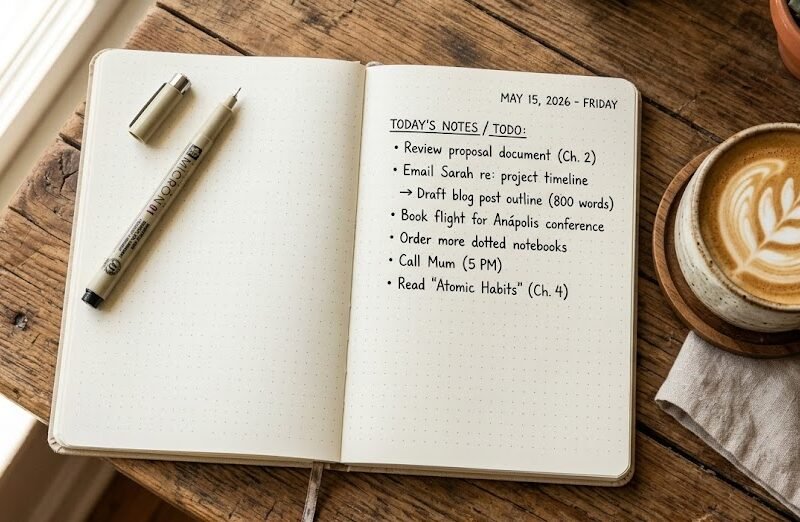 Caderno de páginas pontilhadas aberto sobre uma mesa de madeira, ao lado de uma caneta e uma xícara de café, representando o método bullet journal.