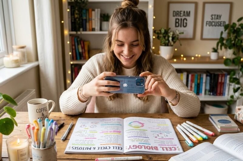Uma estudante sorridente e motivada tirando uma foto com o celular do seu caderno de resumos colorido em uma mesa de estudos bem iluminada.