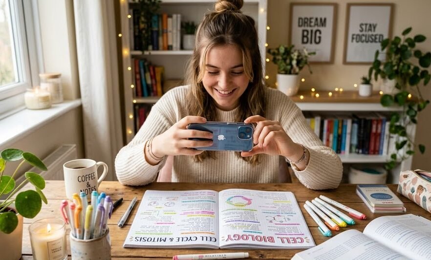 Uma estudante sorridente e motivada tirando uma foto com o celular do seu caderno de resumos colorido em uma mesa de estudos bem iluminada.