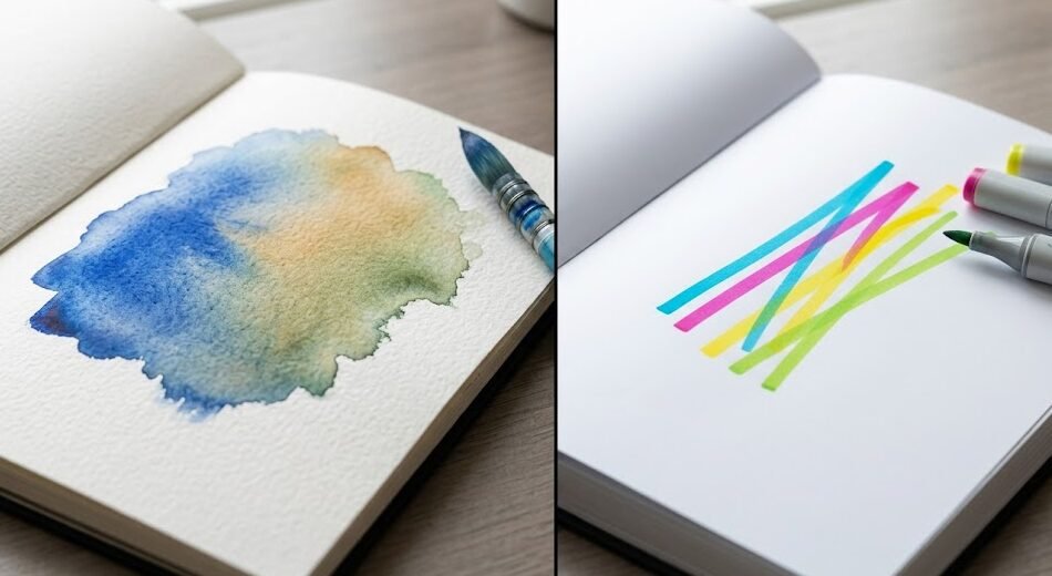 Imagem dividida mostrando de um lado a textura granulada de um papel molhado com aquarela, e do outro a superfície lisa de um papel próprio para marcadores a álcool.
