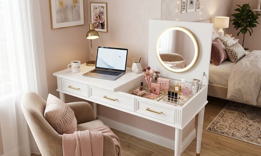 Um quarto feminino moderno mostrando uma penteadeira com mesa de estudos inteligente, com o tampo espelhado abaixado servindo como bancada para um notebook.