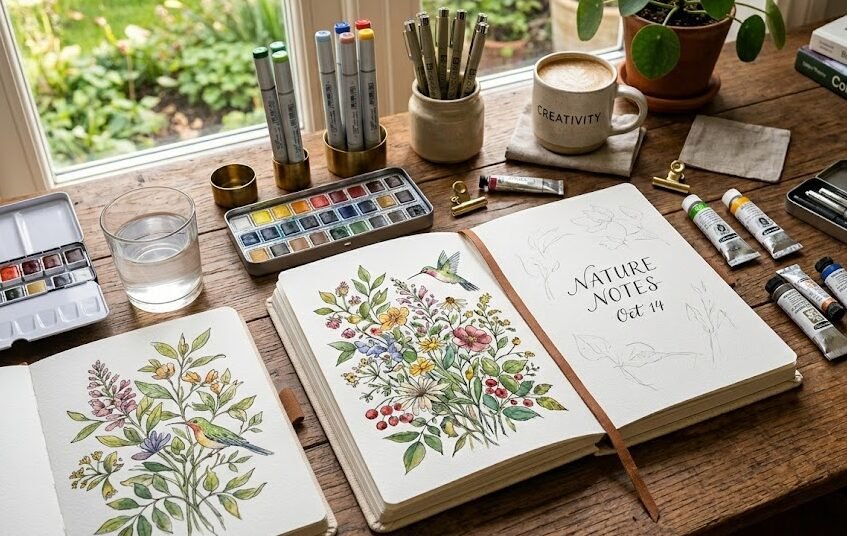 Uma mesa de artista bem iluminada com um diário de arte aberto exibindo uma pintura, cercado por marcadores e tintas aquarela.