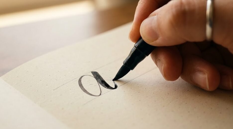 Foco extremo na mão de uma pessoa fazendo um traço fino para cima e grosso para baixo em um caderno pontilhado usando uma brush pen.