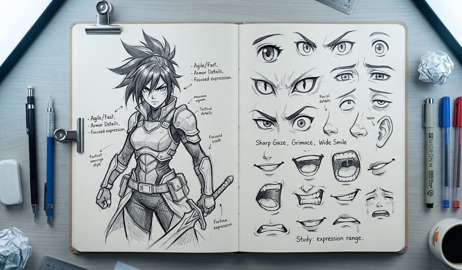 ideias de desenhos para sketchbook Caderno de desenho aberto exibindo um personagem de mangá na página esquerda e vários esboços de olhos e bocas na página direita.