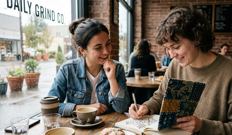 como fazer sketchbook caseiro Duas amigas em um café acolhedor, onde um deles está desenhando alegremente em seu sketchbook feito à mão com capa de tecido.