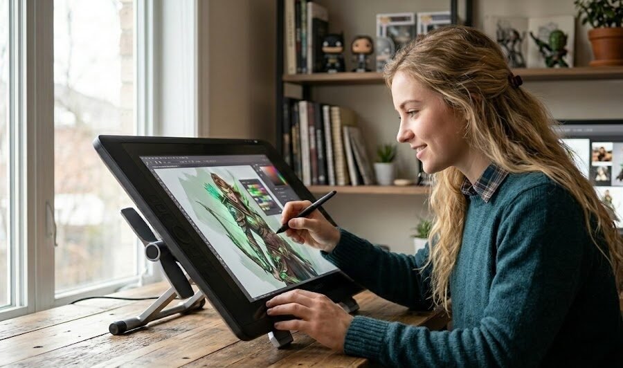 Jovem artista focado e criativo desenhando uma ilustração vibrante em um tablet display digital usando a caneta stylus.