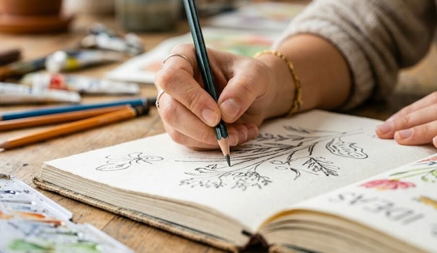 O Que É um Sketchbook: Close-up das mãos de uma artista testando cores e rabiscos em um caderno de esboços com papéis de alta gramatura.